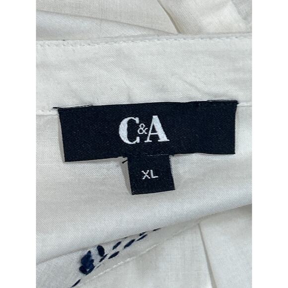 C&A White Bohemian Cap Sleeve Blouse XL Button Front Blue Decor Indie Capsule - Picture 7 of 8